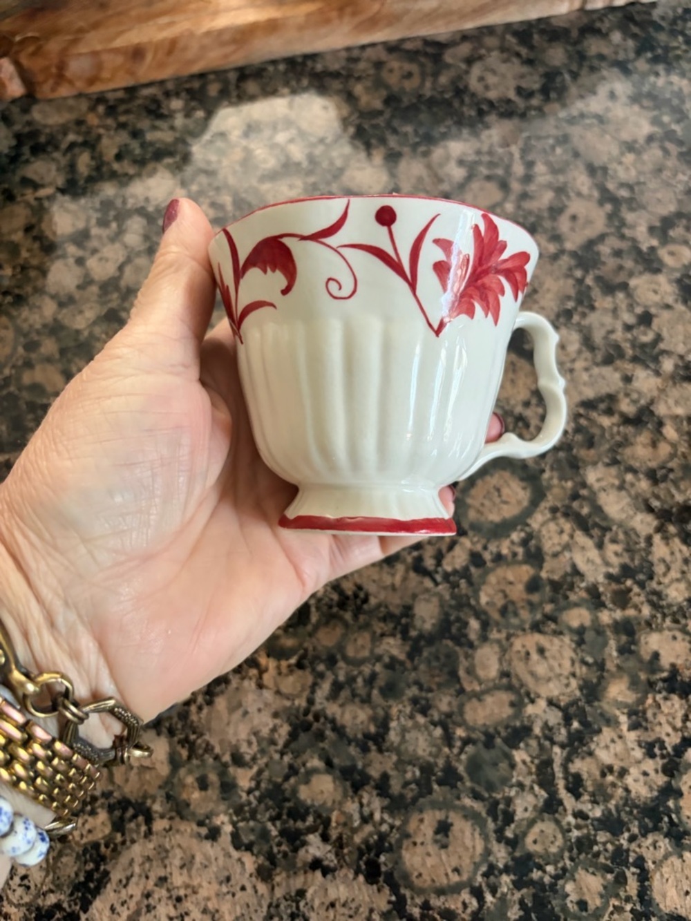 Andrea By Sadek White Porcelain Teacup with Red Floral Trim